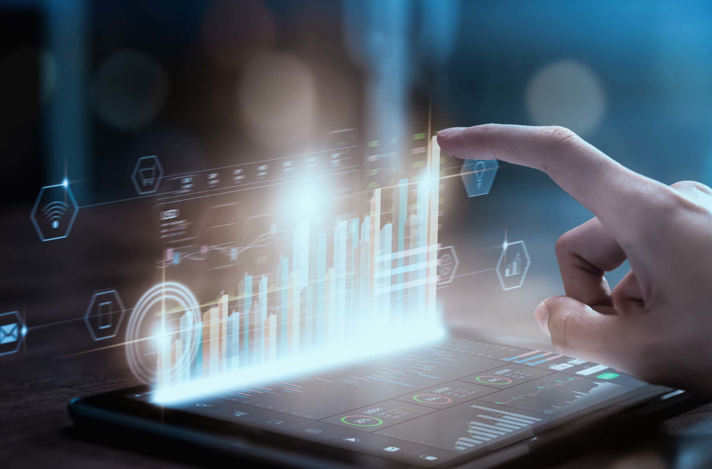 Hand putting coin stacking with virtual trend graph on table. B